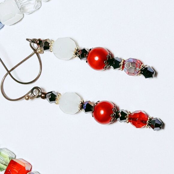 boho earrings 439#mfs Red white victorian hatpin earrings dangle vintage goth ro - Picture 3 of 5